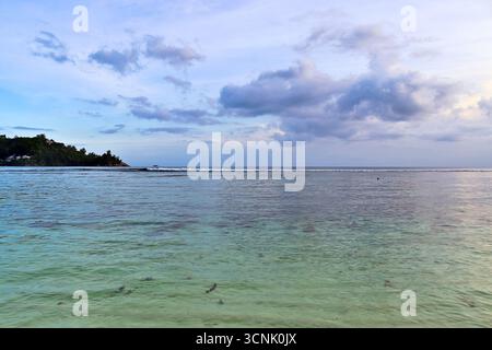 Tropisches Meer auf den Seychellen mit klarem türkisfarbenem Wasser, fernen grünen Küsten und verstreuten Wolken am Himmel Stockfoto