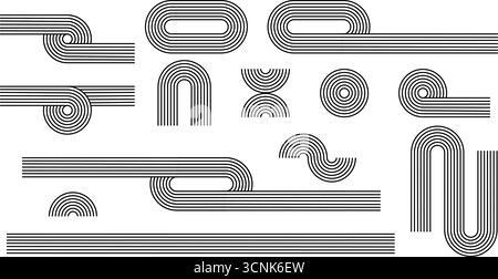 Set von geometrischen Formen mit linearen Mustern. Bogen-, Kreis- und Pfadfiguren. Geometrische Formen im trendigen Boho-Stil. Minimalistische Designelemente für moderne Vorlagen. Vektorgrafik. Stock Vektor
