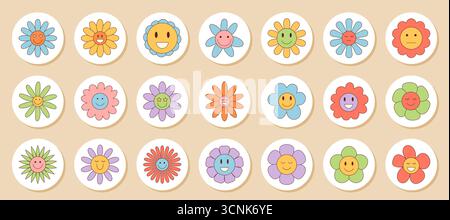 Retro Groovy Blume Aufkleber Set Stock Vektor