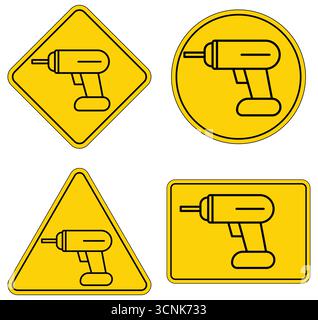 Dieses Set enthält vier charakteristische Symbole eines Bohrers auf gelbem Hintergrund, perfekt für Sicherheits- und Bauthemen in grafischem Design und Schildern. Stock Vektor