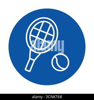 Diese Grafik zeigt einen Tennisschläger und -Ball in minimalistischem Design vor blauem Hintergrund, perfekt für sportliche Themen und Aktivitäten. Stock Vektor