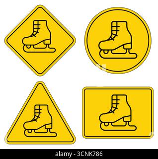 Set aus vier einzigartigen gelben Warnschildern mit Schlittschuhdesign. Jedes Schild zeigt eine andere Form, die Sicherheit und Erholung im Skaten unterstreicht Stock Vektor