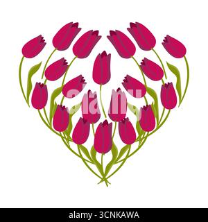 Herzform gefüllt mit Tulpen. Blumenelement für dein Design. Vektorillustration isoliert auf weißem Hintergrund. Stock Vektor