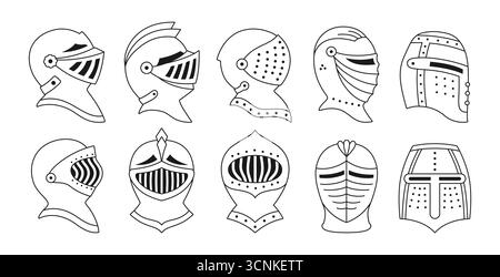 Mittelalterliche Helme Zeichen Umriss Vektor Set. Heraldische Icon-Kollektion. Alte Krieger Ritter Kopf Rüstung Visier Gefieder für Wappen. Heraldik Elemente Ritter Helm Symbol Kontur Linie Illustration Stock Vektor