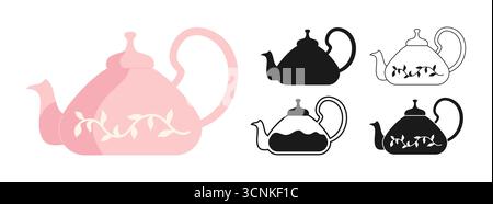 Teekanne Symbole Zeichentrickset. Vintage-Wasserkocher mit linearer Kritzelung und Silhouette. Abstrakt kindisch gezeichnetes einfaches Japan Teekanne Geschirr. Einfaches, stilisiertes Wasserkocher-grafisches Schild. Vektor-Clipart-Illustration Stock Vektor