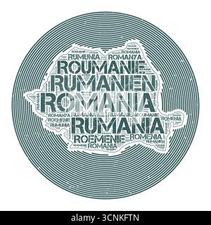 Vektorbild Rumänien. Country Round-Logo-Design. Rumänisches Poster in Kreisbögen und Wortwolke. Saubere Vektordarstellung. Stock Vektor