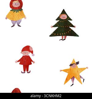 Niedliches nahtloses Muster mit Kindern in Kostümen: Erdbeere, Weihnachtsbaum, Elfe und Stern. Aquarellstil für Kinder. Ideal für Kinderzimmer Stockfoto