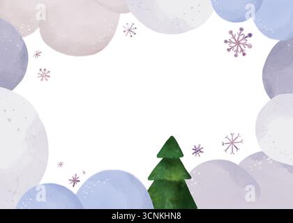 CuteChristmas-Rahmen mit grünem Baum, blauen schneebedeckten Hügeln und Schneeflocken. Winterlandschaft. Perfekt für Weihnachtskarten, Geschenkpapier, Kinder c Stockfoto