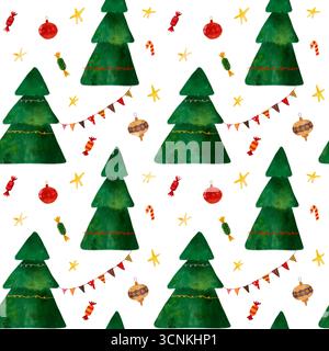 Wundervolle Aquarellbäume mit Bonbons, Ornamenten, Sternen und Fahnen. Fröhliche Kinderillustration nahtloses Muster für Feiertage, Karte Stockfoto