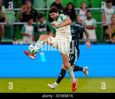 Austin, Texas, USA. September 2025. Austin FC Mittelfeldspieler ILIE SANCHEZ (6) übergibt den Ball während eines Major League Soccer-Spiels zwischen Austin FC und Seattle Sounders FC am 21. September 2025 in Austin, Texas. Austin gewann mit 2:1. (Kreditbild: © Scott Coleman/ZUMA Press Wire) NUR REDAKTIONELLE VERWENDUNG! Nicht für kommerzielle ZWECKE! Quelle: ZUMA Press, Inc./Alamy Live News Stockfoto