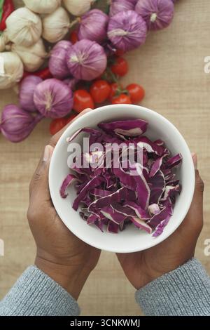 Frisch geschnittener Rotkohl in einer weißen Schüssel, die von Händen gehalten wird Stockfoto