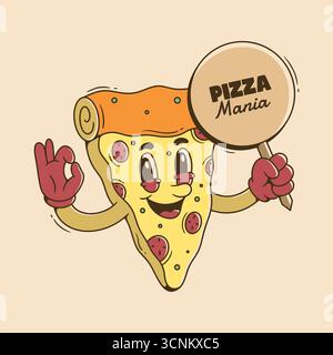 Cartoon Pizzascheiben Charakter mit einem Schild mit Pizza Mania Text Stock Vektor