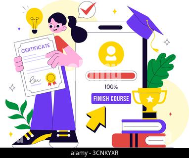 Illustration des Online-Kurses mit Zertifikatprogramm zu Lernmanagementsystem mit mobiler Anwendung, Online-Coach und Kompetenzentwicklung Stock Vektor