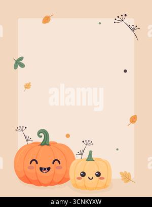 Herbstmotiv mit lächelnden Kürbissen, Blättern auf weichem beigefarbenem Hintergrund, Rahmendesign. Stock Vektor