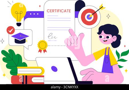 Illustration des Online-Kurses mit Zertifikatprogramm zu Lernmanagementsystem mit mobiler Anwendung, Online-Coach und Kompetenzentwicklung Stock Vektor