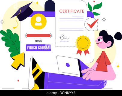 Illustration des Online-Kurses mit Zertifikatprogramm zu Lernmanagementsystem mit mobiler Anwendung, Online-Coach und Kompetenzentwicklung Stock Vektor