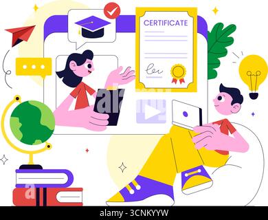 Illustration des Online-Kurses mit Zertifikatprogramm zu Lernmanagementsystem mit mobiler Anwendung, Online-Coach und Kompetenzentwicklung Stock Vektor