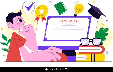 Illustration des Online-Kurses mit Zertifikatprogramm zu Lernmanagementsystem mit mobiler Anwendung, Online-Coach und Kompetenzentwicklung Stock Vektor