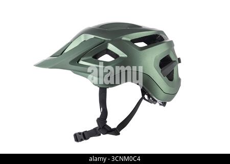 Grüner Fahrradhelm mit Riemen und modernem Belüftungsdesign Stockfoto