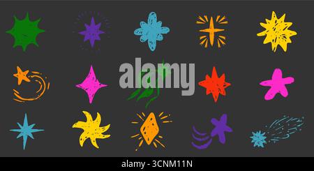 Sternkreide Kreidestift handgezeichnet Scribble Sketch oder Doodle Design Element. Strukturierte Glitzerfigur Schulkritzel bg. Buntstift blinkt, Feuerwerk, Glitzersilhouette und leuchtende Symbole. Vektorabbildung Stock Vektor