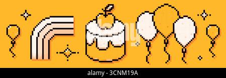 Pixel Y2K festliche Elemente: Ballons, ein Regenbogen und eine Geburtstagskuche mit Apfel. Stock Vektor