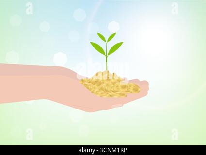 Hand hält Münzen und Geldwerk. Vektorillustration auf weißem Hintergrund. Wachstum von Geld, Sparen und Investitionen. Stock Vektor