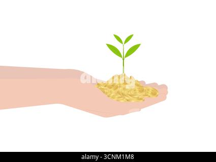 Hand hält Münzen und Geldwerk. Vektorillustration auf weißem Hintergrund. Wachstum von Geld, Sparen und Investitionen. Stock Vektor