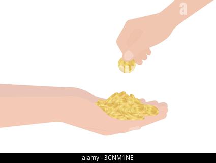 Hand hält und nimmt Münzen entgegen. Mehr Geld, Sparen, Spenden oder Investitionskonzept. Vektorabbildung. Stock Vektor
