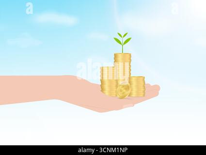 Hand hält Münzen und Geldwerk. Vektorillustration auf weißem Hintergrund. Wachstum von Geld, Sparen und Investitionen. Stock Vektor