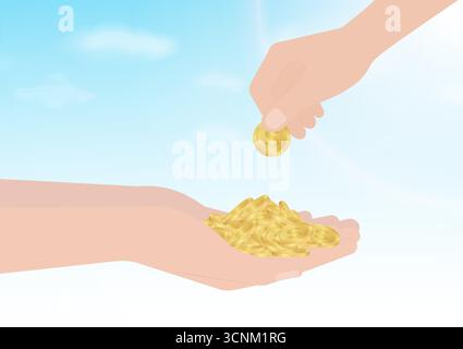 Hand hält und nimmt Münzen entgegen. Mehr Geld, Sparen, Spenden oder Investitionskonzept. Vektorabbildung. Stock Vektor