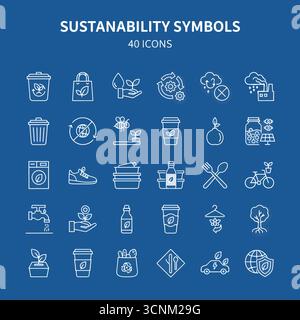 Keine Verschwendung von Web-Symbolen im Linienstil. Eine Sammlung von linearen Ökosymbolen, darunter Recycling, Abfallwirtschaft, Kompostierung, Müll, Verschmutzung, Land Stock Vektor