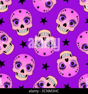 Nahtloses Muster mit Schädeln und schwarzen Sternen auf lila Hintergrund. Stock Vektor