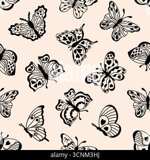 Nahtloses Muster von schwarzen Doodle-Schmetterlingen Stock Vektor