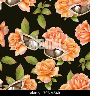 Handgezeichnete Aquarellillustration der braunen Sonnenbrille mit orangefarbenen Rosen und grünen Blättern in nahtloser Wiederholung auf weißem Hintergrund. Perfekt für Textilien, Stockfoto