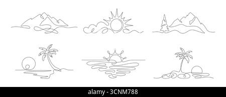 Vektor-Kritzelkunst durchgehende eine Linie Sonne, Wolkenhimmel, tropische Landschaft mit Berg, Meer Strand, Kokospalme. Lineare Silhouetten mit Sommersymbolen. Einfach umrissene Wettersymbole, Naturelemente Stock Vektor