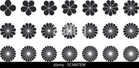 Symbolsatz in Blütenblütenform. Infografik Kreisdiagramm. Einfaches Diagramm für Tortendiagramm. Geometrisches grafisches Element der Blume. Abstrakte Tabelle mit runden Rädern Stock Vektor