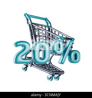 Warenkorb Sale 20-prozentige 3D-Rendering-Illustration isoliert auf weißem Hintergrund Stockfoto