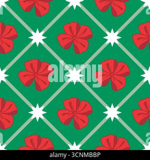 Nahtloses Weihnachtsmuster mit Schleifen auf grünem kariertem Hintergrund. Coquette Vintage- und Weihnachtsmotiv. Retro-Druck für feminine Projekte, Geschenkpapier, saisonales Design. Stock Vektor