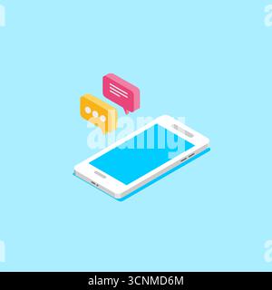 Smartphone mit Messaging Bubbles Symbol Isometrische Vektorillustration flaches Design Stock Vektor