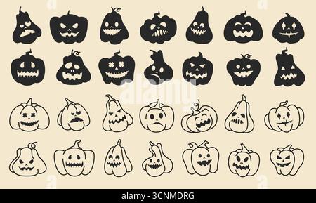 Schwarzer Halloween Kürbis. Niedliche gruselige Comic-Gesichter auf schwarzen Silhouettenkürbissen, lustige böse halloween-Linien-Monster-Charaktere. Vektor Stock Vektor