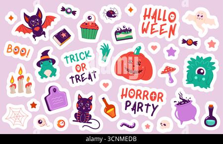 Halloween-Aufkleber. Niedliche gruselige Herbstfiguren, gruselige geheimnisvolle Elemente, flacher Stil, Trick or Treat Labels mit Geister Kürbismonster. Vektor Stock Vektor