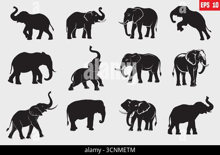 Set aus mehreren Elefanten-Silhouetten in verschiedenen Positionen – gehen, Stehen, Seitenansicht – perfekt für Wildtiere, Safari-Themen, Logos und T-Shirts Stock Vektor