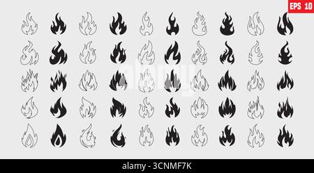 Feuersymbole gesetzt. Feuersymbolsatz. Vektorabbildung. Stock Vektor