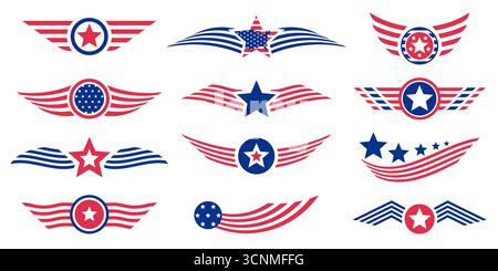 USA-Flaggenstern-Logo. Abstraktes Abzeichen der US-amerikanischen Flagge, rot blau weiß gestreifter Stempel mit Stern für Unabhängigkeitstag und Produktetikett. Vektor Stock Vektor