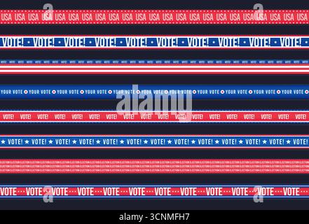 Nahtloses Streifen für das US-Wahlbanner. Bänder mit amerikanischer Flagge und Streifen, patriotische Elemente der Vereinigten Staaten für den Präsidenten und den Kongress Stock Vektor