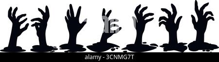 Gruselige Hände platzen aus dem Boden. Knochige Hände mit verdrehten Fingern, schwarze Silhouetten auf weißem Hintergrund. Gruselige Handschattensymbole für Halloween Stock Vektor
