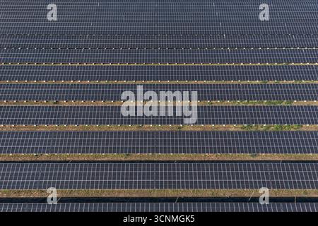 Luftaufnahme zu Solarpaneelen im Solarpark in der Nähe von Malko Tarnovo, Burgas, Bulgarien Stockfoto