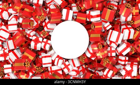 Ein Podium von oben, umgeben von einem Haufen goldener und roter Weihnachtsgeschenke – 3D-Rendering Stockfoto
