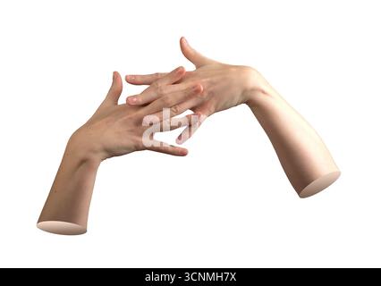 Weibliche Hände mit Fingern, die in einer geklammerten Geste verbunden sind, symbolisieren Einheit und Verbindung mit kreativer Haltung in modernem minimalem Stil. Detailliert und eleg Stockfoto