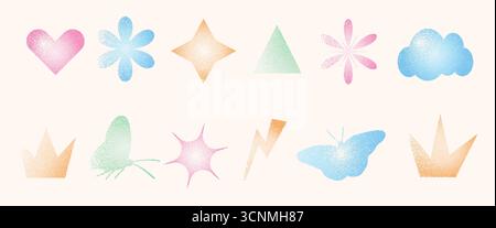 Gradientenformen. Geometrische Punktfiguren. Y2K Retro-Stern und Dreieck mit Blume. Bunter Schmetterling, Krone auf beigefarbenem Hintergrund. Trendiger Effekt Stock Vektor